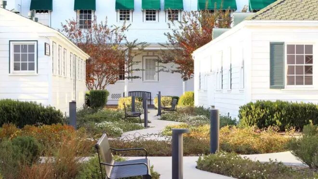 2つの白い建物の間に、ところどころに黒い椅子が置かれた草に囲まれた小道がある。