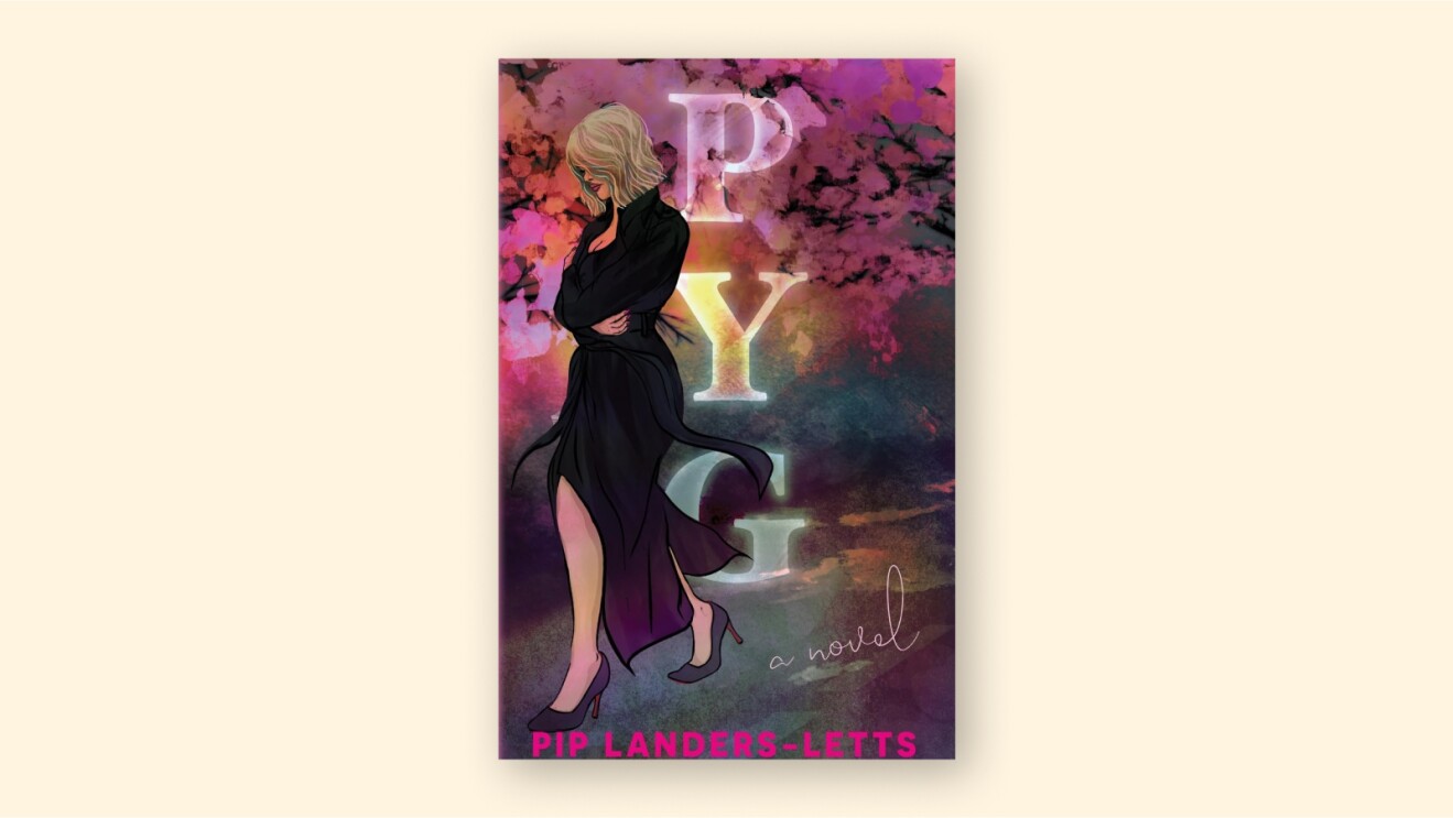 Book cover for Pyg, showing a blonde person in a black dress and heels against a pink floral background