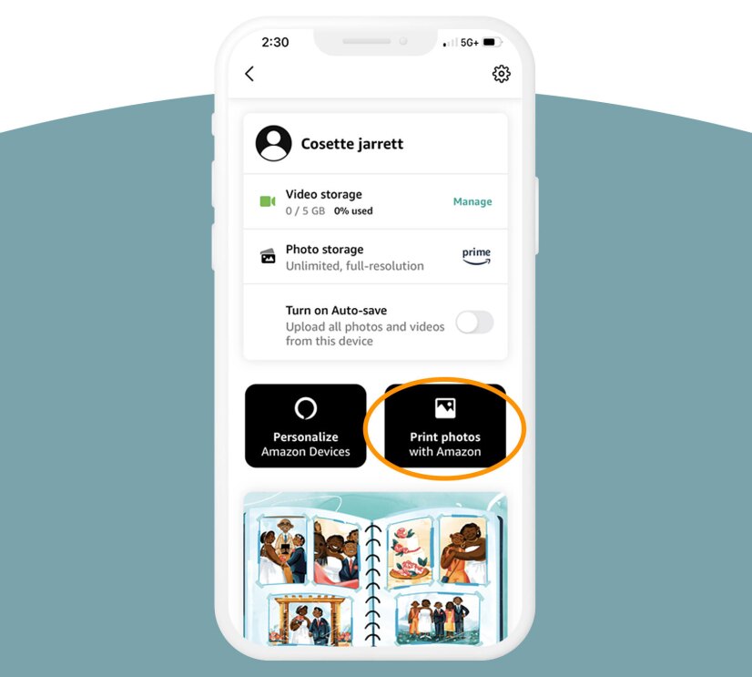 A screenshot showing the button to select on the app to create prints of your images in Amazon Photos.
