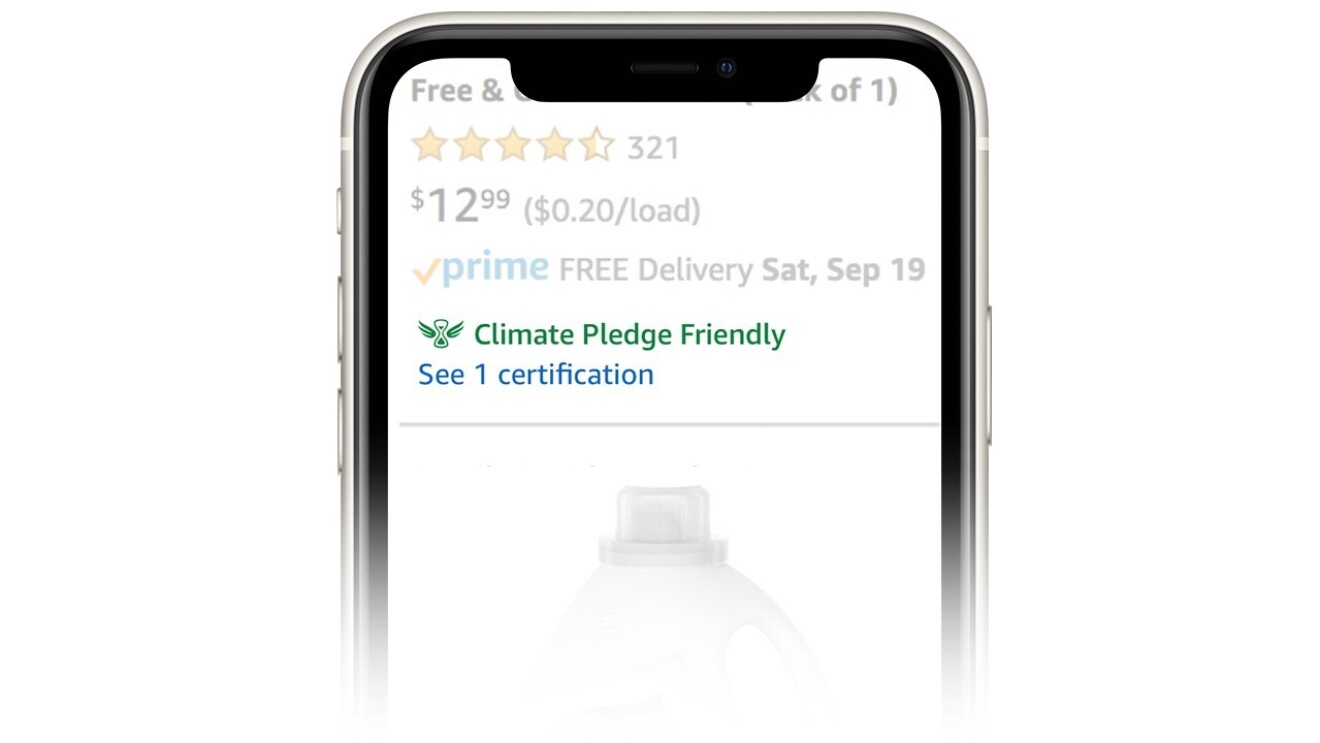 A Climate Pledge Friendly badge shows up next to a product on amazon.com.