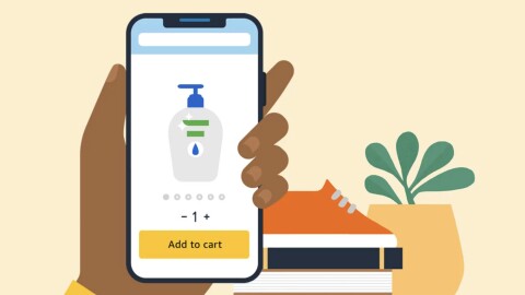 safari google icon UI illustration of an amazon product page featuring a hand holding a bottle of soap. In the background are illustrations of a shoe and green plant