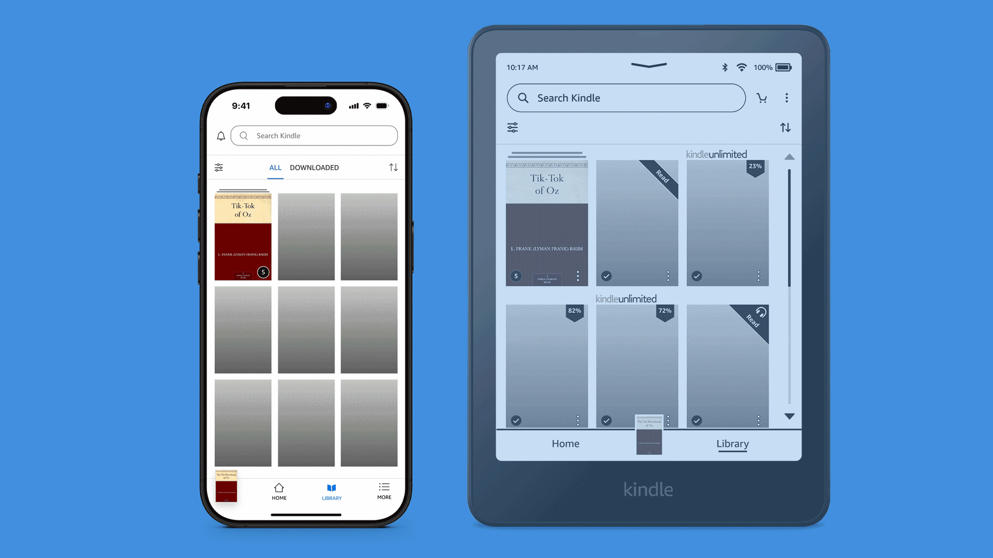 gif of Kindle app interface on iPhone and Kindle e-reader side by side