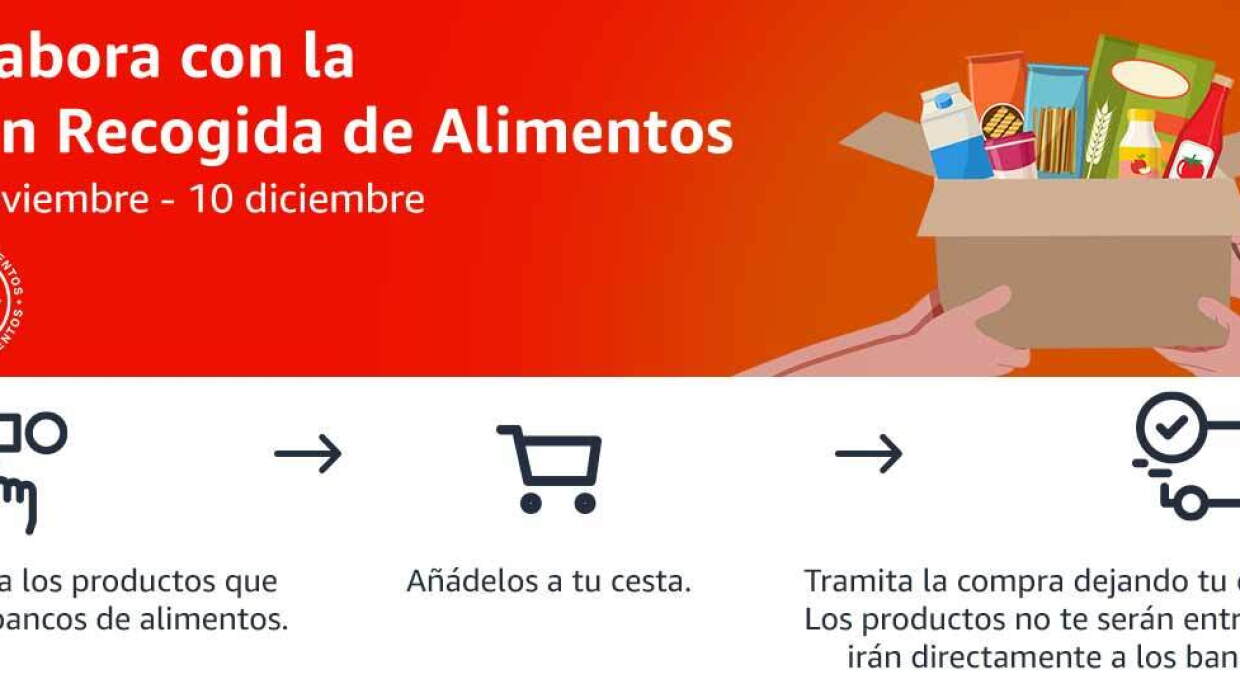 En letras blancas sobre fondo rojo: Colabora con la gran recogida de Alimendos. 29 de noviembre a 10 de diciembre. Debajo el logo también en blanco sobre fondo rojo de FESBAL. A la parte derecha está un dibujo de una caja de cartón llena de paquetes de comida y cuatro manos que agarran la caja.  