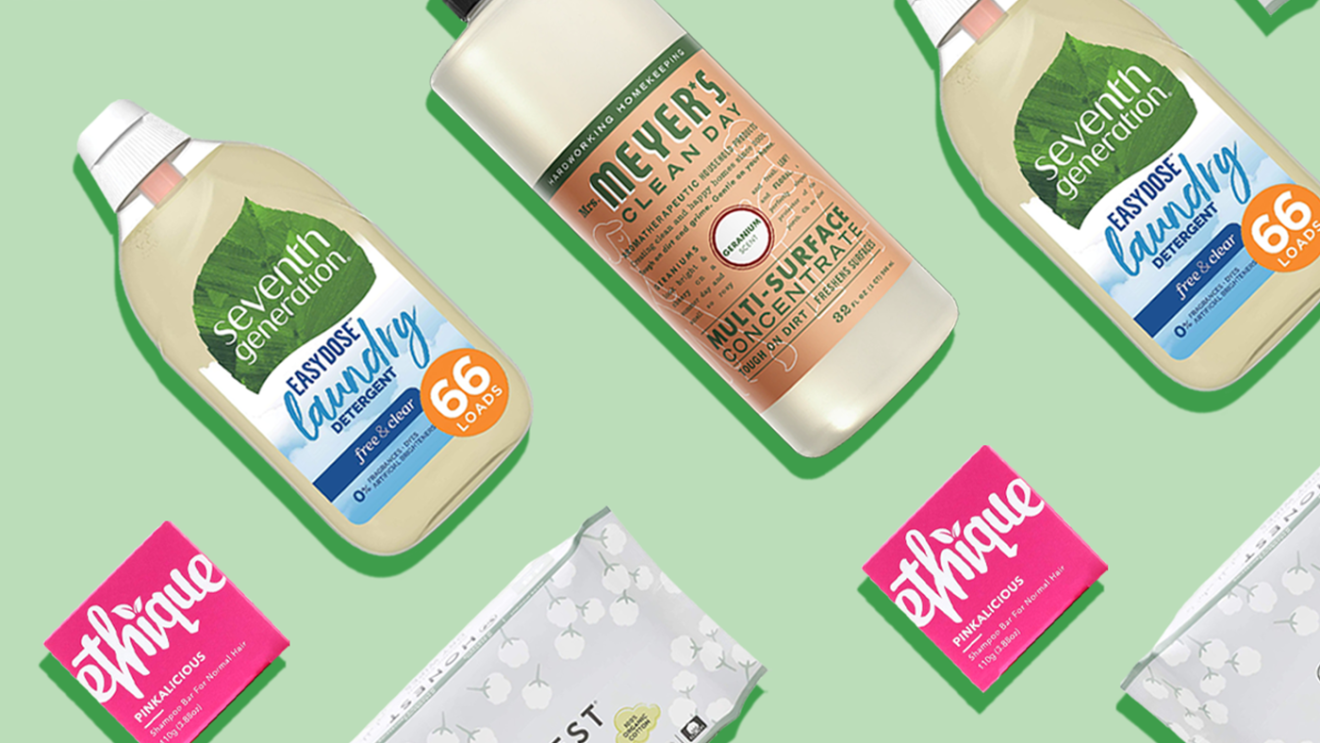 Climate Pledge Friendly products lined up on a green background