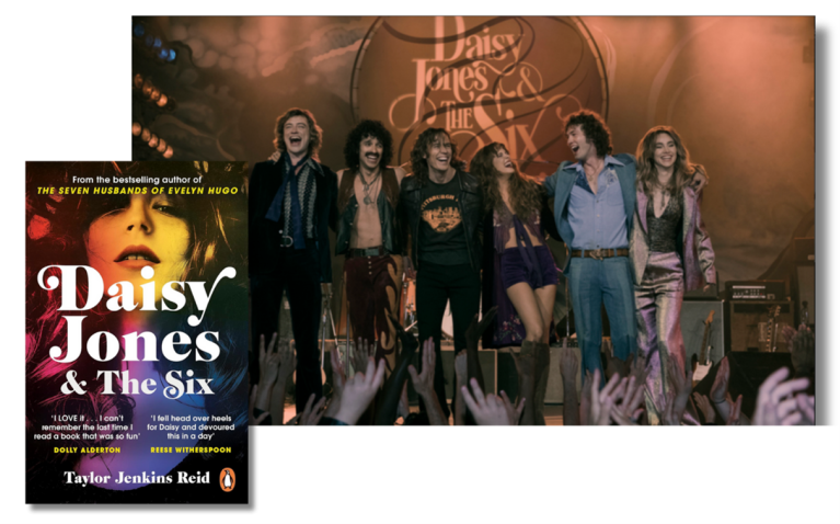 The front book cover of Daisy Jones & The Six and an image from the prime video show