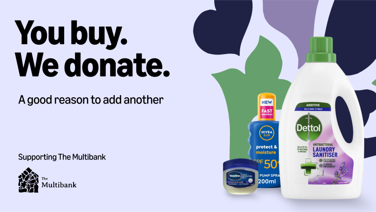 A promo image for Amazon's You Buy. We Donate initiative, showing hygiene and personal care products
