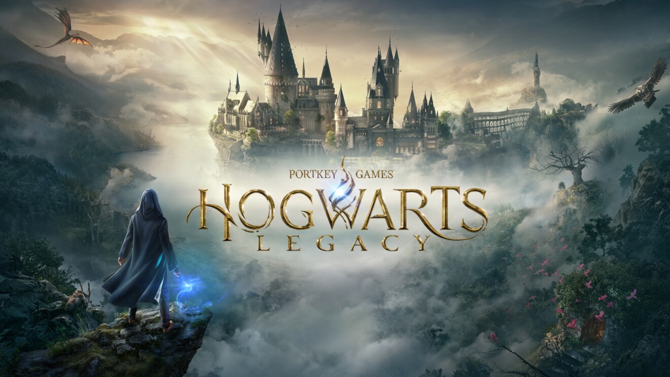 Hogwarts Legacy poster featuring main title page and Hogwarts Castle