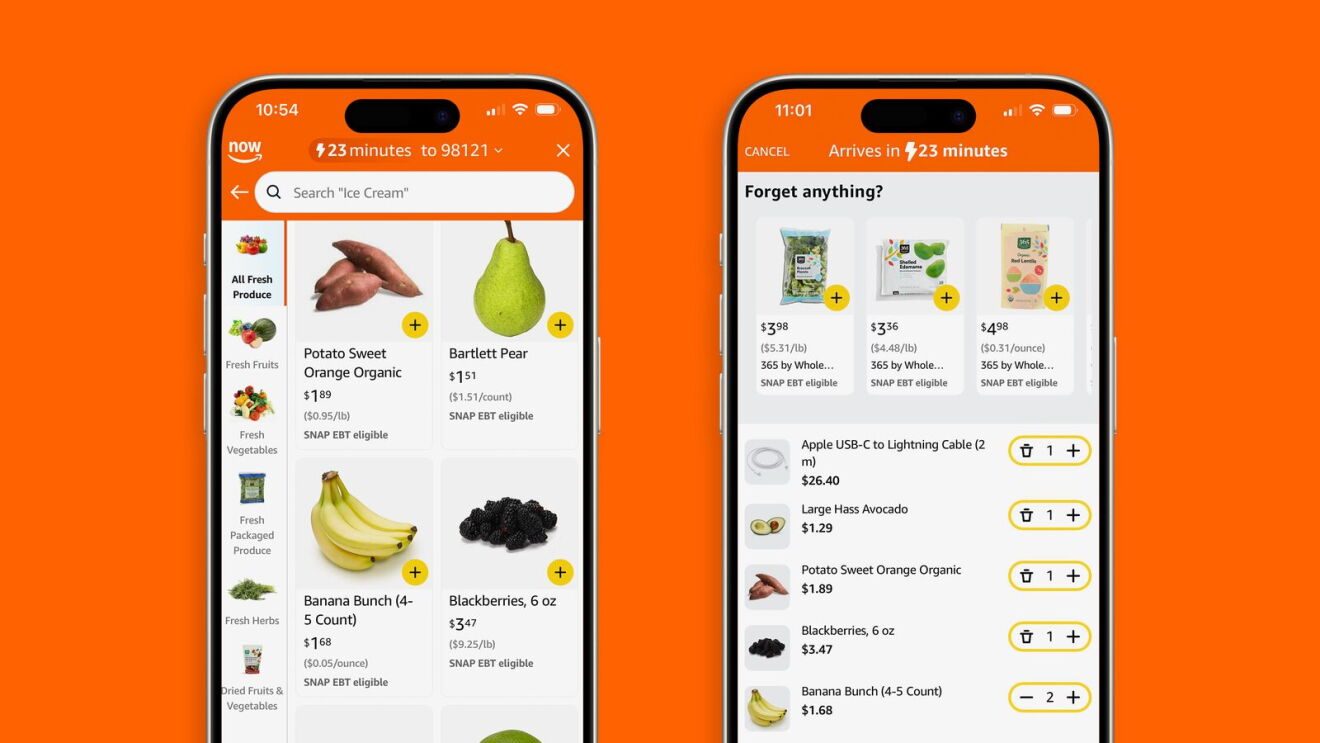Amazon Now grocery shopping interface showing produce search results and shopping cart with items like avocados, bananas, and charging cable