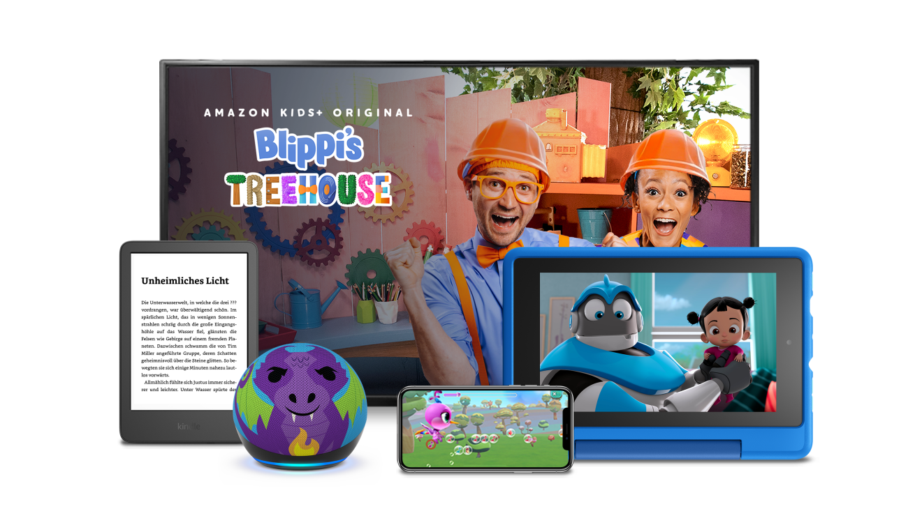 An image showing an Echo device and a television behind it. There are multiple kids' show options on the television in the back.