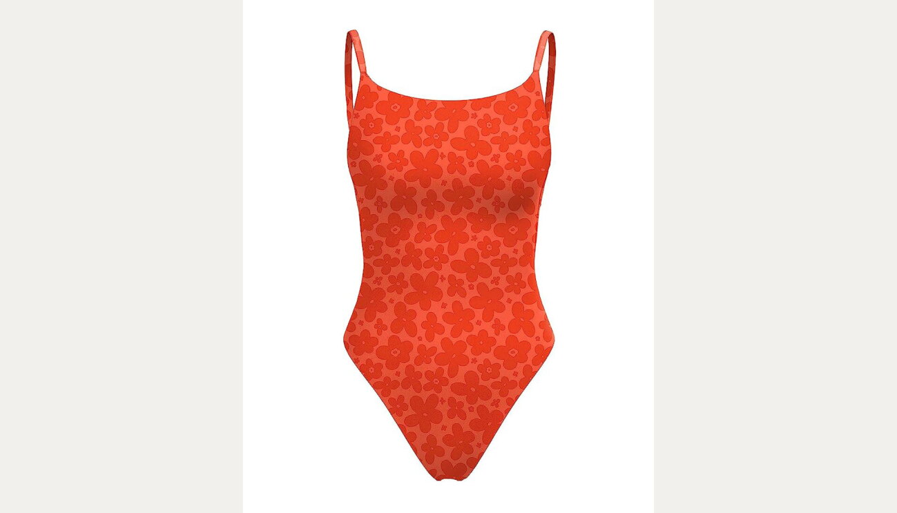 Image of a red, flowery one piece bathing suit.