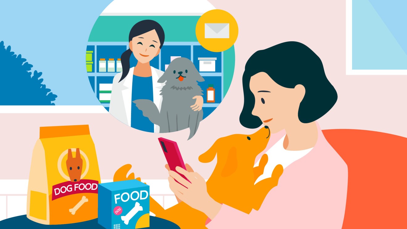 オレンジ色の犬を抱きしめながら携帯を操作している女性のイラスト。その女性の横の机にはペットフードが置かれている。