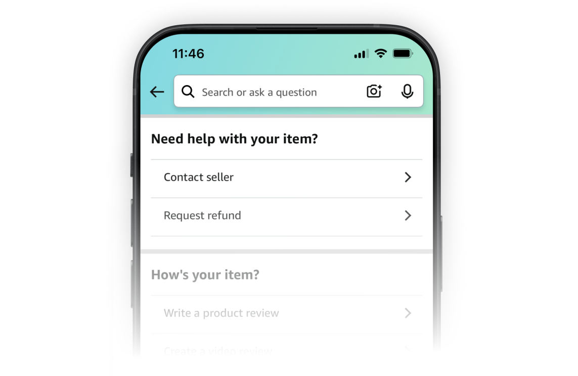 The Amazon app, with the screen showing the option to 'contact seller' or 'request refund'