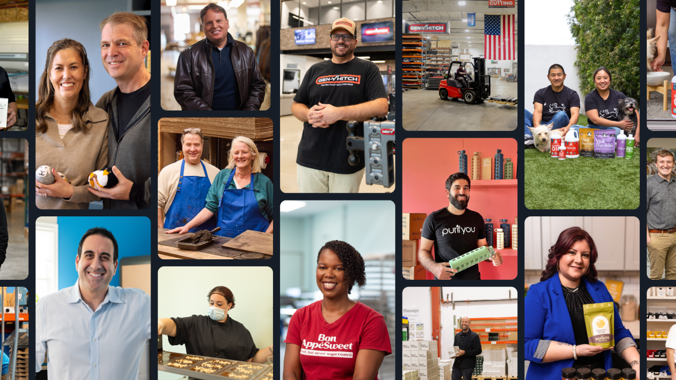 A collage of small business owners that sell with Amazon. Many of them are showing their products.