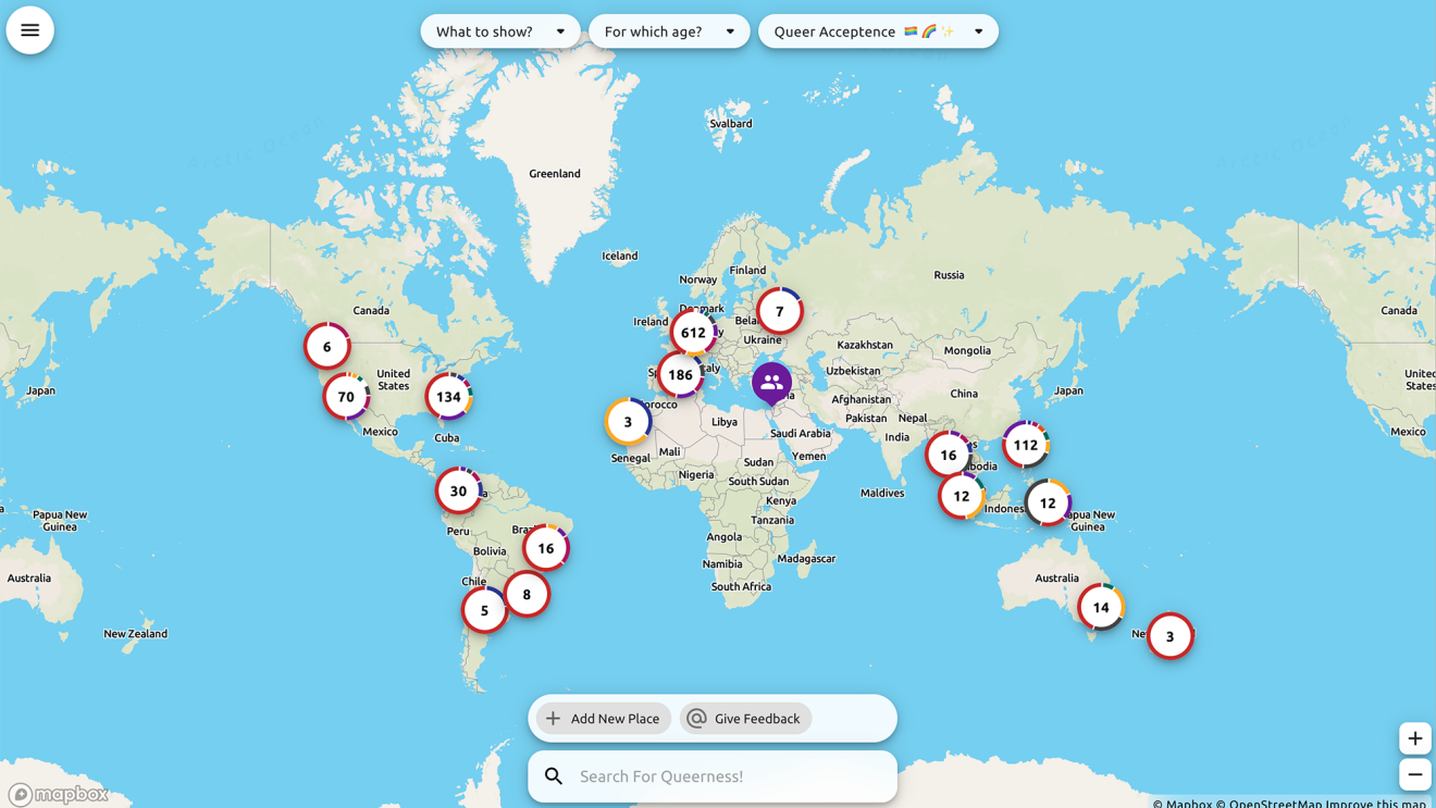 Screenshot of QueerMap experience on a desktop monitor screen