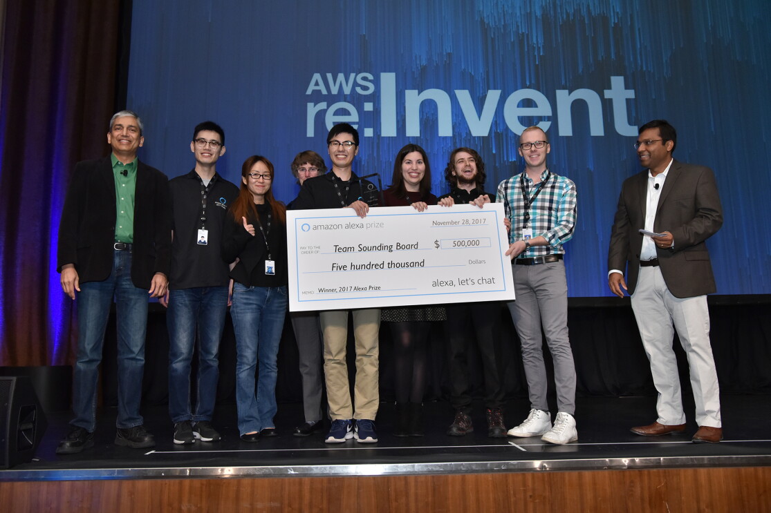 Amazon Alexa Prize Winners, from Team Sounding Board, hold the $500,000 first prize check. 