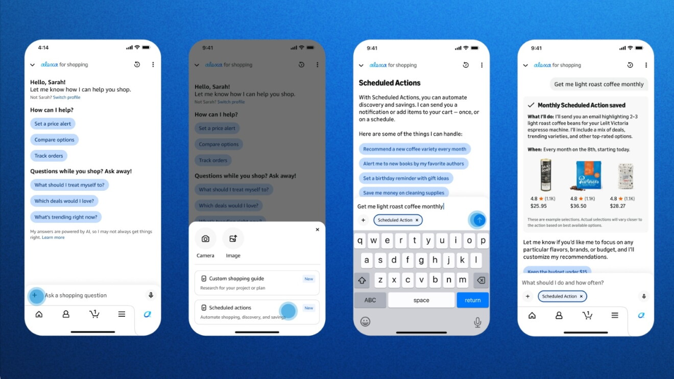Alexa for Shopping interface displaying onboarding, menu options, scheduled actions with automation examples, and personalized product suggestions for coffee