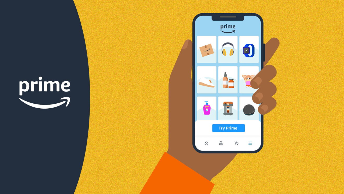 Eine Illustration, die eine Hand zeigt, die ein Telefon mit Amazon-Shopping-Produkten auf dem Bildschirm hält. Links im Bild ist das Amazon Prime-Logo zu sehen.
