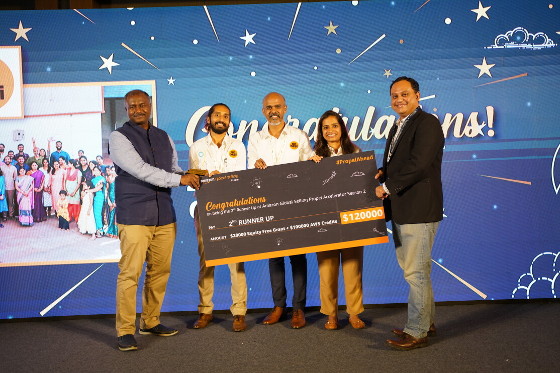 From left to right -  Raghava Rao - VP Finance, Indian and Emerging Markets, Amazon India; Akhil Vallabhaneni - Head/Manager of Operations, Go Desi; Smit Raval - Head of Growth, Go Desi; Raksha Kothari - Cofounder, Go Desi and Bhupen Wakankar, Director, Amazon Global Selling India