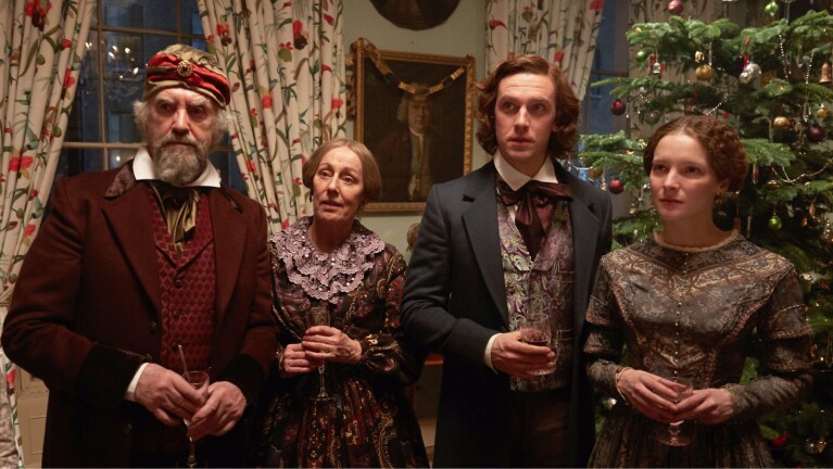The Man who invented Christmas cast with Dan Stevens, Johnathan Price and Morfydd Clark