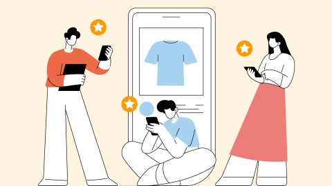 A graphic of three people on their phones with a life-sized phone behind them.