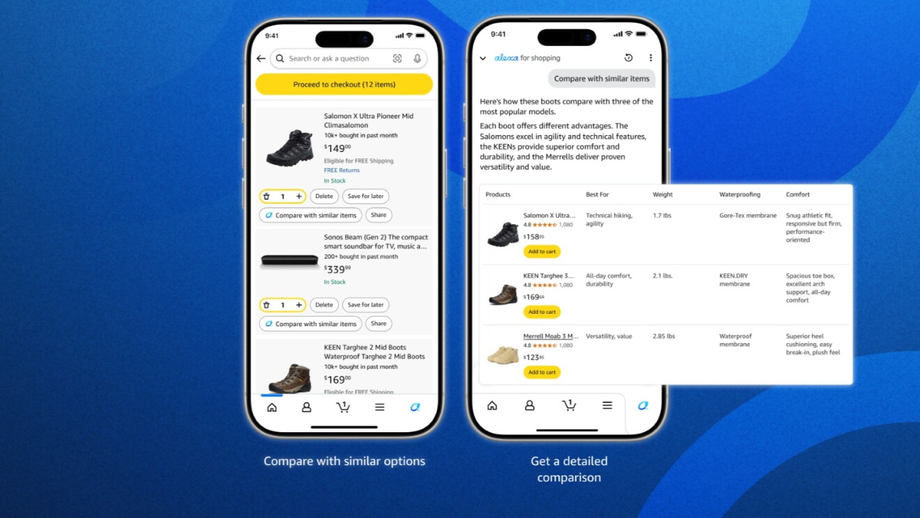 Amazon's Alexa for Shopping interface showing shopping cart with boots and a product comparison feature highlighting specifications like weight and waterproofing