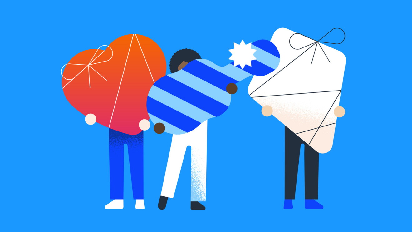 Graphic illustration of people holding different-shaped packages