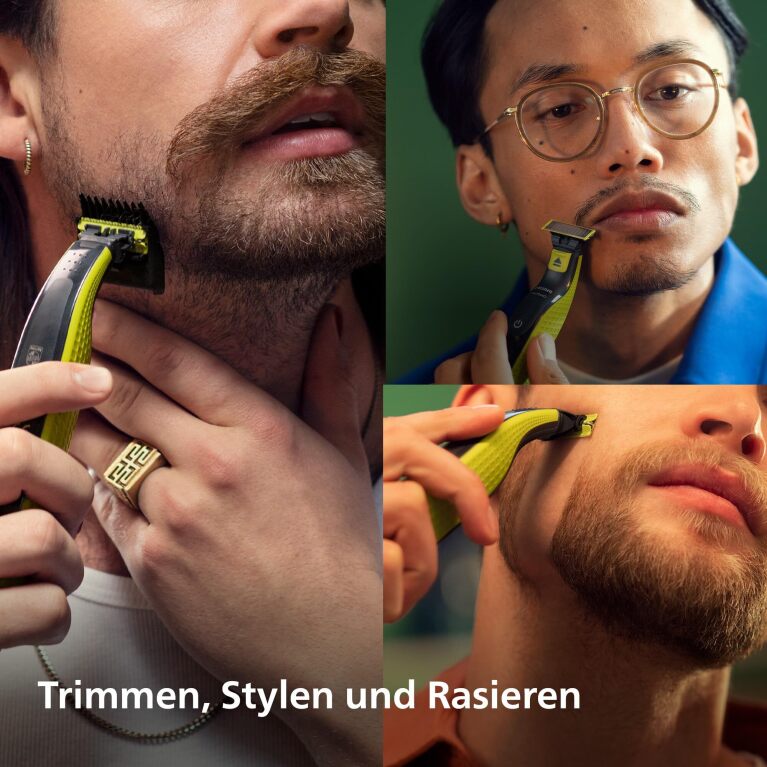 Collage mit Männern, die den Philips OneBlade Face & Body anwenden.