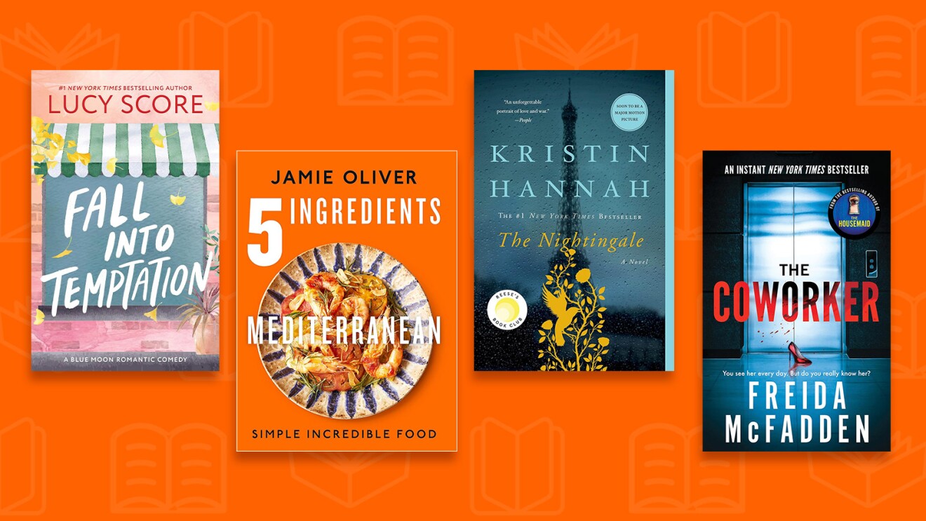 Lineup of bestselling books across multiple genres on orange background