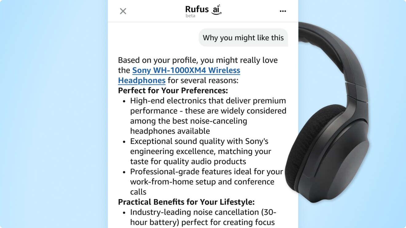 Display of personalized product summary of Sony WH-1000XM4 headphones in Rufus, Amazon's AI shopping assistant