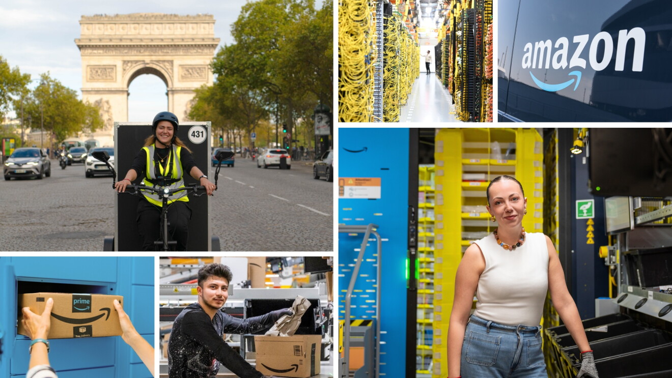 Collage of Amazon employees in various roles: delivery person in Paris, warehouse workers with packages, and operations manager in fulfillment center
