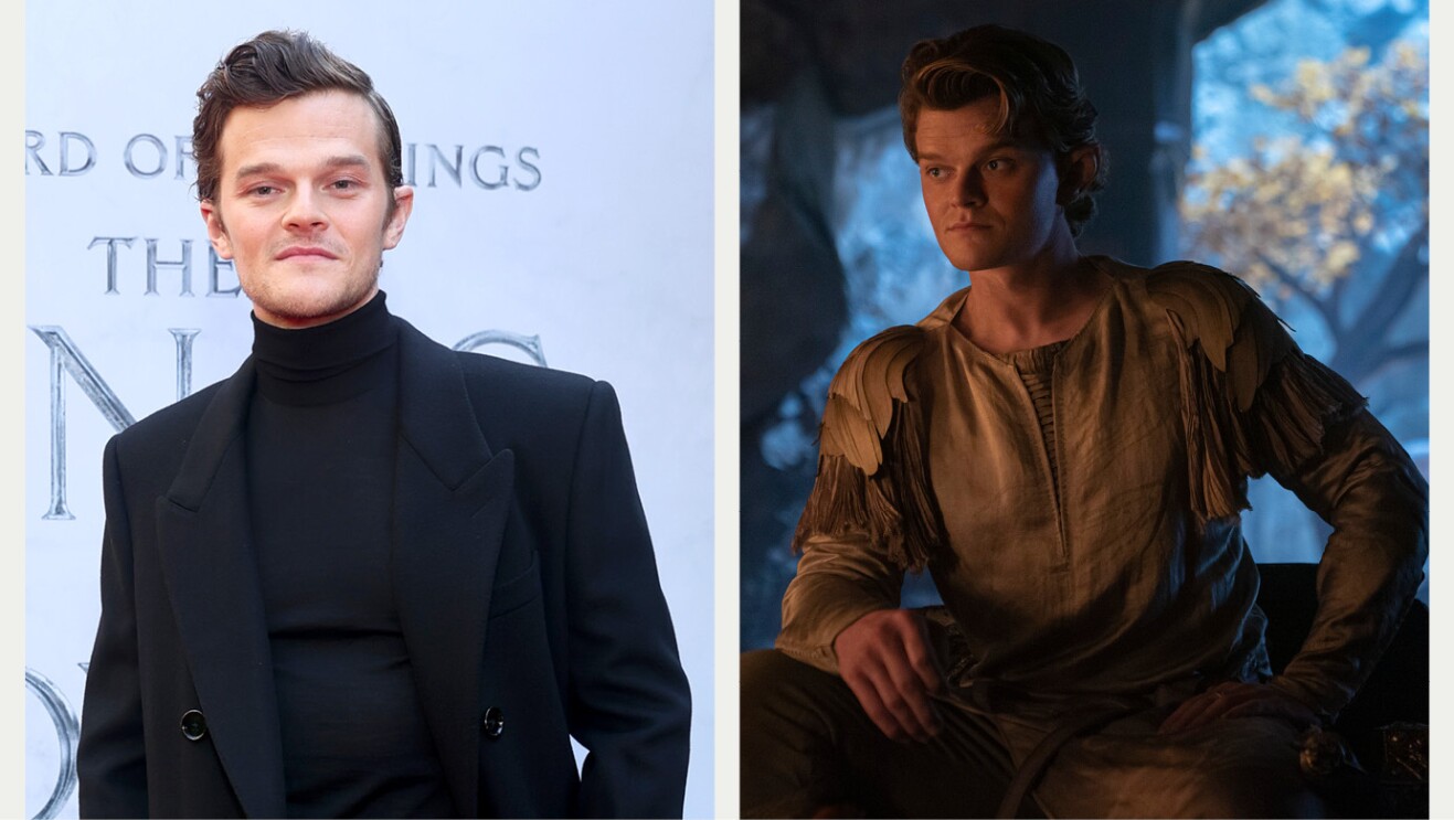 A split image of the actor who plays Elrond. One image shows him on the red carpet and the other shows him in full costume in the show.