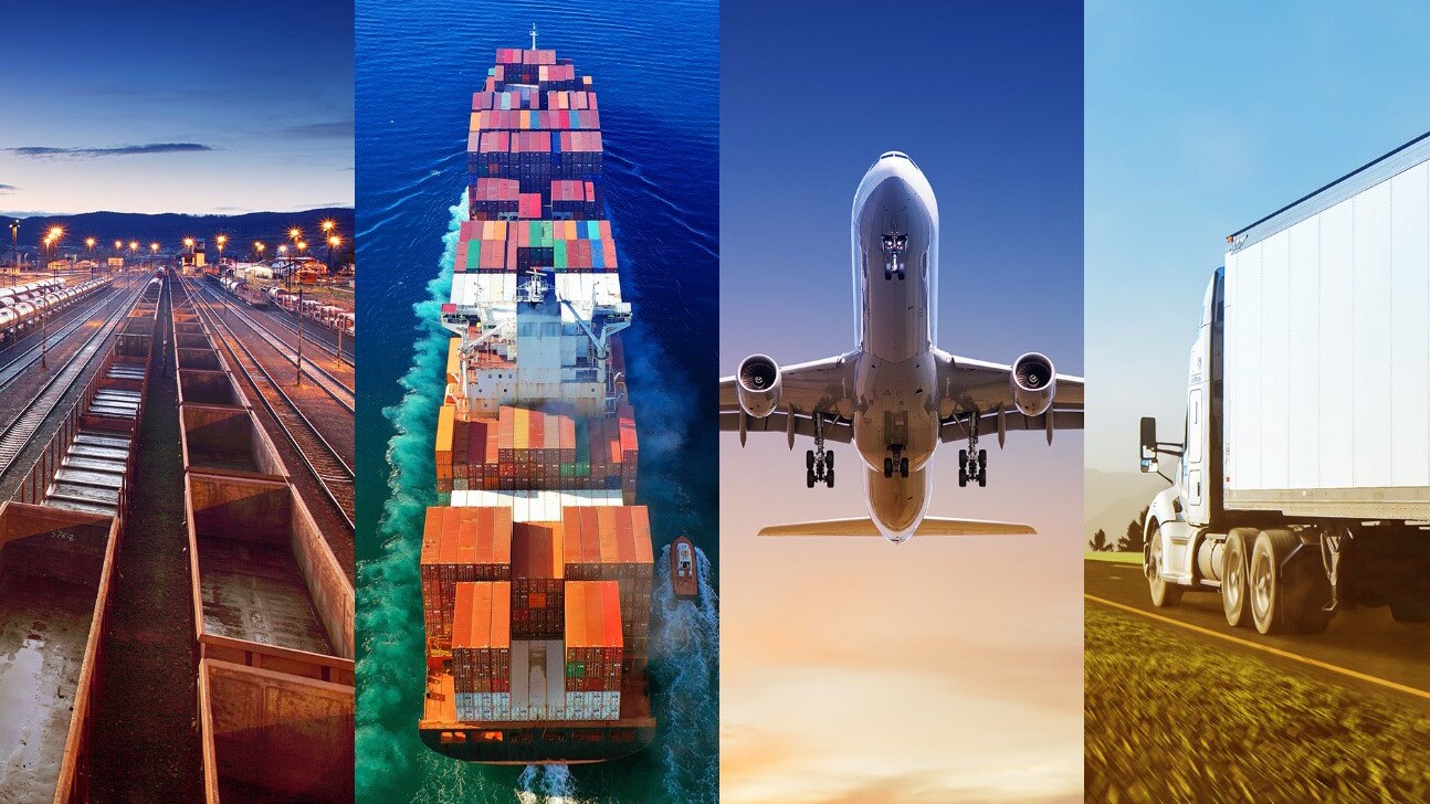 A photo grid that includes freights, a freight ship, an airplane, and a delivery truck.