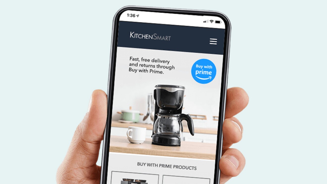An image of a phone showing KitchenSmart homepage with a "Buy with Prime" logo.