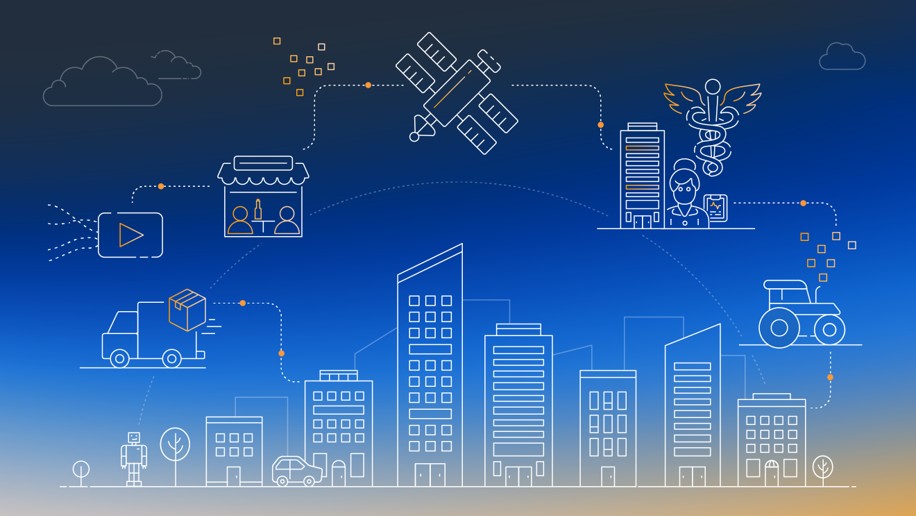An illustration of a city scape which includes icons of a truck, front of a shop, satellite, hospital and tractor.