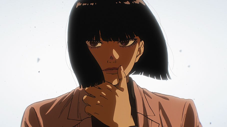 真っ白の背景に、逆光で描かれたおかっぱ頭のアニメキャラクターのアップ。左手を顎に添えている。