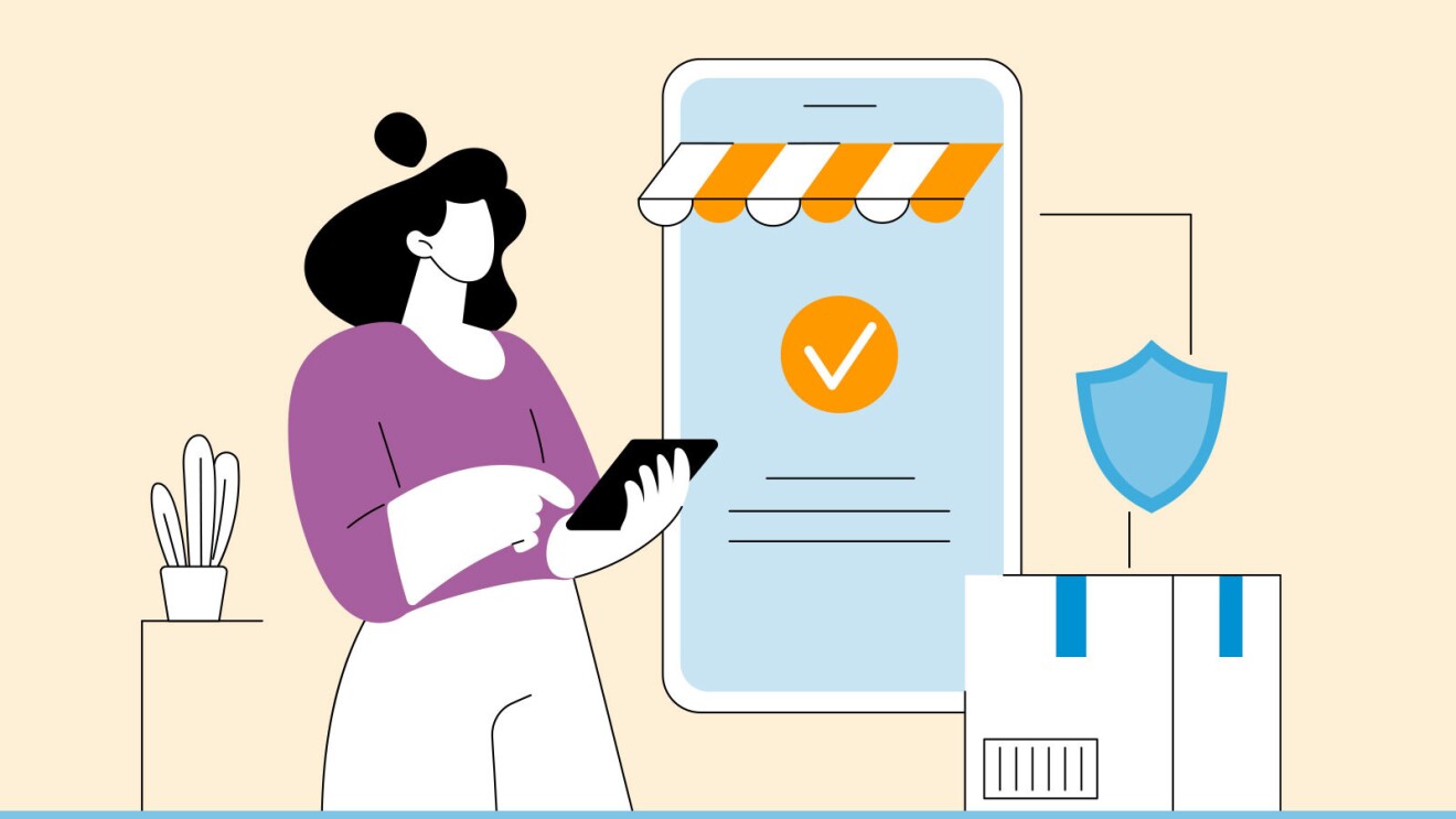 A graphic of a woman holding a tablet to shop online.