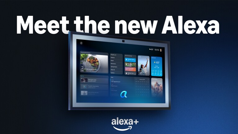 New Alexa+ interface on large display with multiple widgets