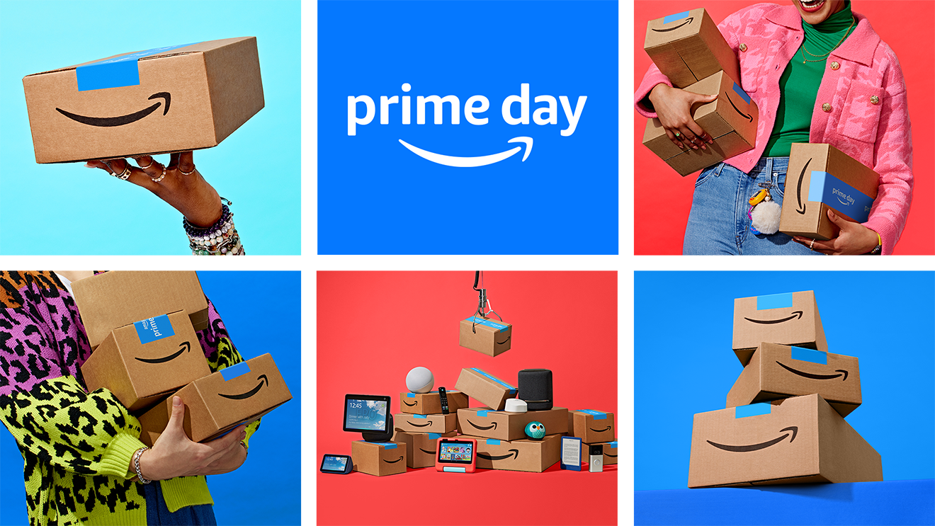 Collage aus verschiedenen bunten Illustrationen zum Amazon Prime Day 2024, darunter Amazon Päckchen, Prime Day Logo.