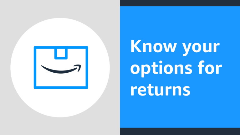 An illustrated image of an Amazon box with text that reads "Know your options for returns"