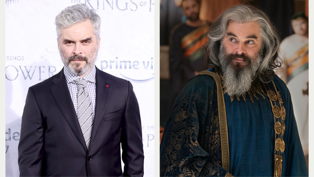 A split image showing the actor listed above on the red carpet for the Lord of the Rings: The Rings of Power premiere vs in full makeup and costume as their character in the show.