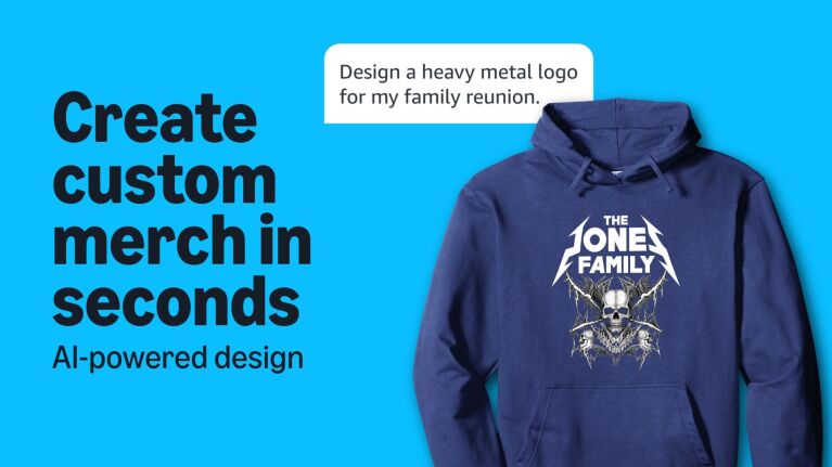 Advertisement showing AI-powered custom merchandise creation tool with example of family reunion hoodie design featuring heavy metal style logo