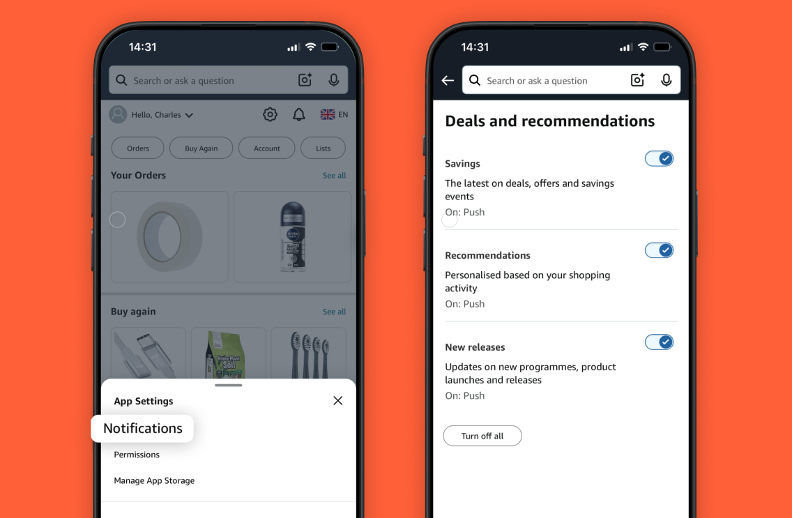 Amazon app interface showing orders, settings, and notification preferences