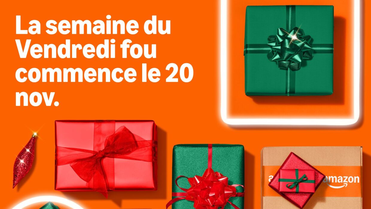 Une image qui dit "La semaine de Vendredi fou commence le 20 novembre" entouré de cadeaux