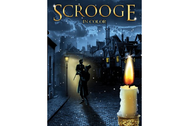 Cover art for "Scrooge" in color - a man stands on a brick road lifts a boy up in the air, in front of an old street light. behind him, is a city. In the foreground, a candle that's burned most of the way down.