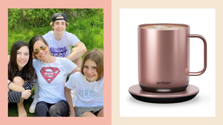 On the left Jennie Warren sits between her three children outside. On the right is a product image of the Ember Smart mug.