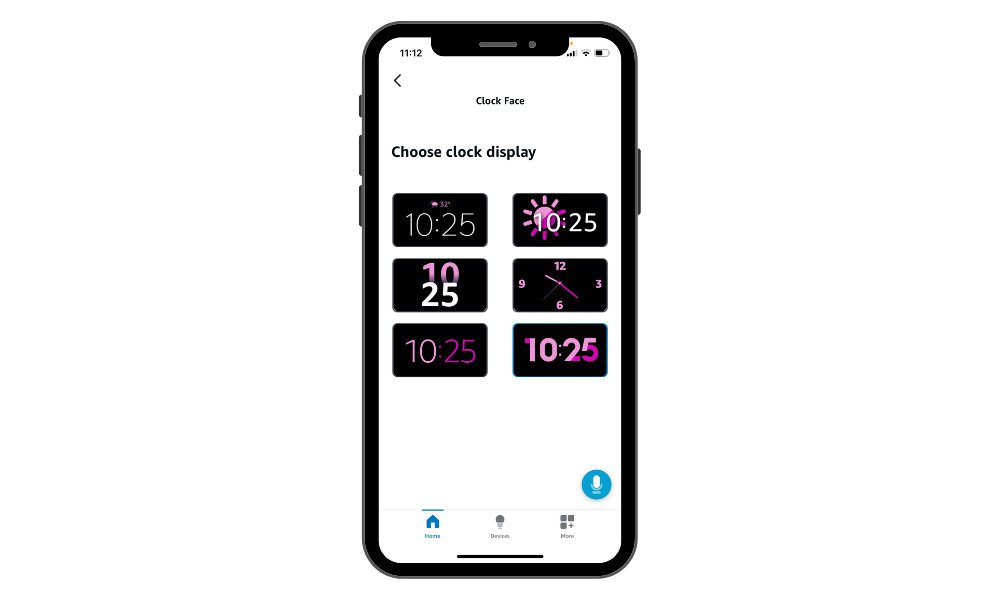 A mobile screen showing the clock display in the alexa app