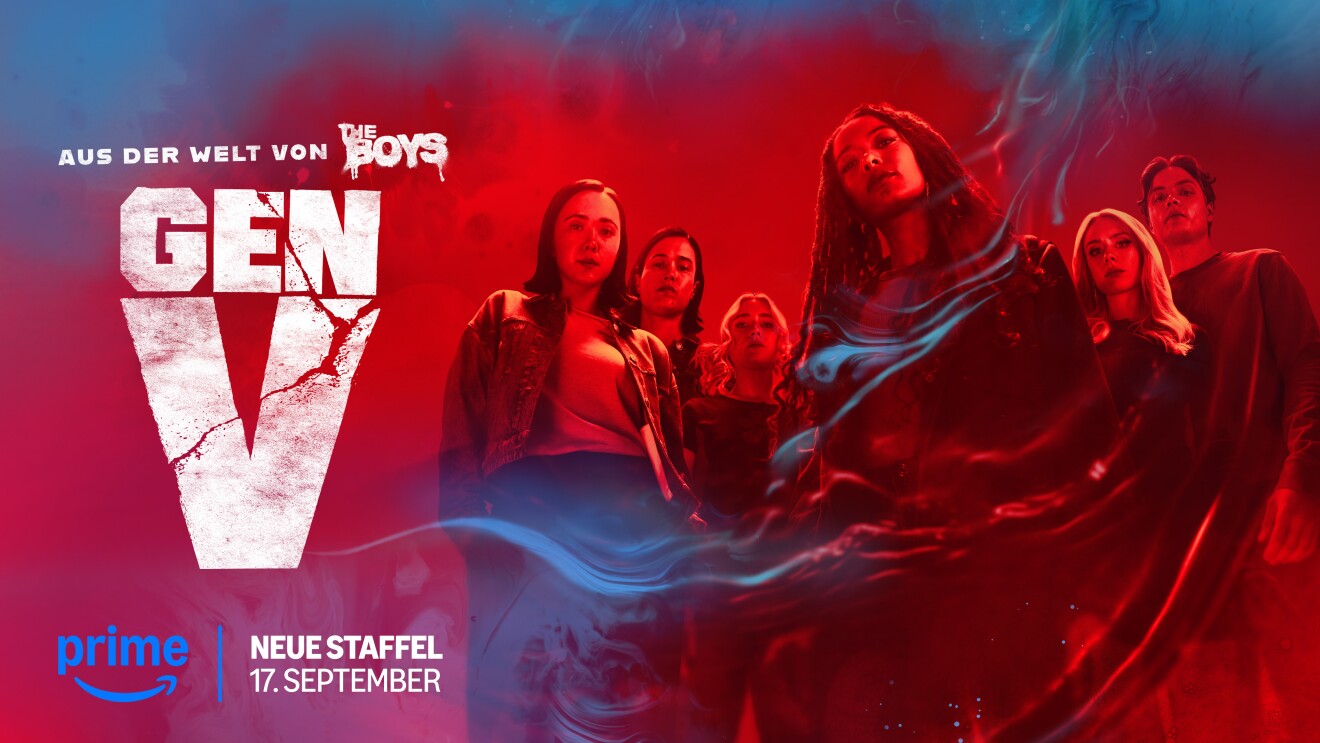 Werbeplakat für die Serie „Gen V“, ein Spin-off von „The Boys“, mit fünf Figuren in rot getönter Atmosphäre