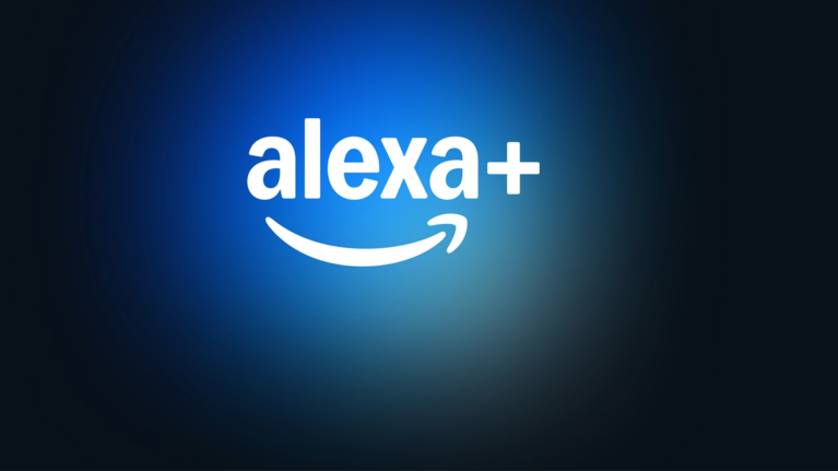 Glowing Alexa+ logo with Amazon smile on blue background