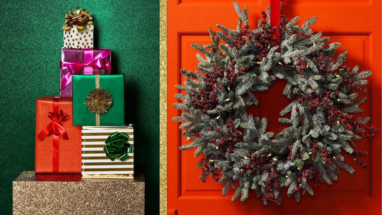 A Christmas-themed collage, featuring a pile of wrapped gifts on the left and a Christmas wreath on the right.
