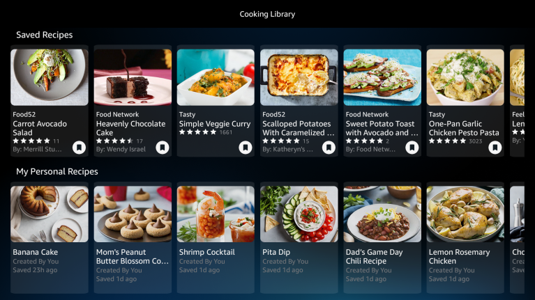 Cooking app interface showing saved recipes and personal recipe collections
